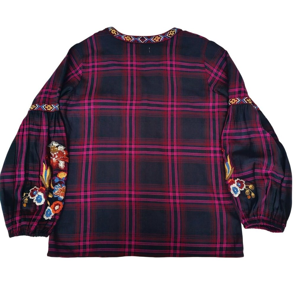 Time For Me Plaid Embroidered Floral Balloon Sleeve V-Neck Blouse Women's Small - Picture 4 of 15